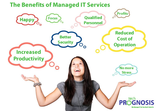 Image of a happy business woman, and text bubbles highlighting the benefits of managed IT services