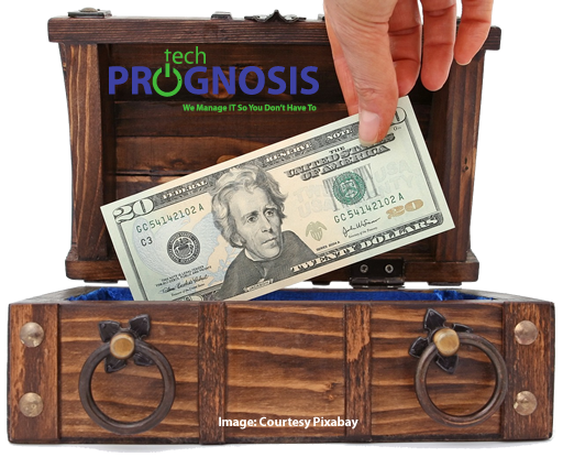 Image of a twenty US dollar bill being put into a wooden box as a technology investment.