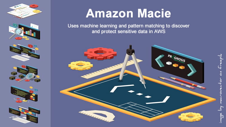 Image of V Model software development isometric composition with gear, icons, code screens, and computer workstations as a simulation of how Amazon Macie uses machine learning and pattern matching to discover and protect sensitive data in AWS.