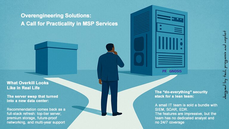 Illustration of a business professional standing at a crossroads, deciding between a simple box and a large server tower, symbolizing overengineering versus practical solutions.