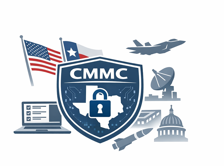Minimalist illustration representing CMMC cybersecurity for Texas DoD contractors, featuring a CMMC shield with a lock over a Texas outline, simplified defense icons, and U.S. and Texas flags