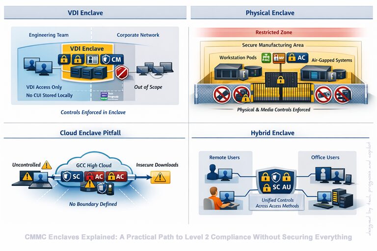 Four-diagram visual illustrating CMMC enclaves showing Level 2 enclave models, including a VDI technical enclave, a physical manufacturing enclave, a cloud enclave pitfall, and a hybrid enclave, with control-domain icons showing how CUI is protected and scoped.