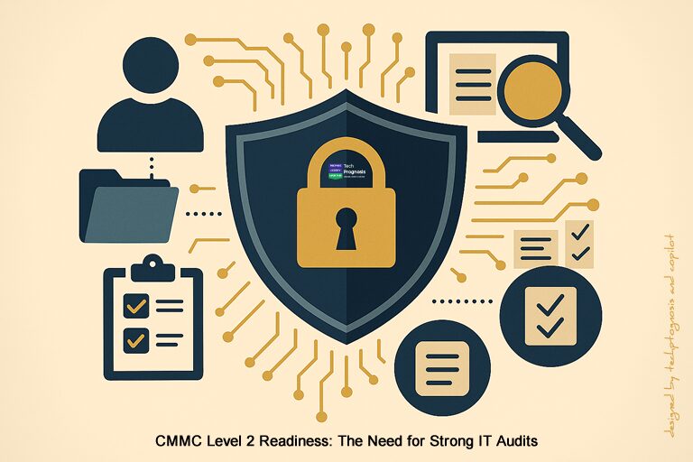 Abstract cybersecurity audit illustration showing a shield with padlock surrounded by checklists, documents, and review icons, representing CMMC Level 2 readiness and evidence‑based defense compliance