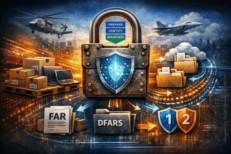 A large central padlock with a digital shield symbol, surrounded by military aircraft, cloud folders, shipping boxes, and FAR/DFARS compliance icons illustrating how COTS items, when paired with services or data handling, can quickly trigger FAR 52.204 21, DFARS 252.204 7012, and the associated CMMC and cybersecurity requirements in the defense supply chain.”
