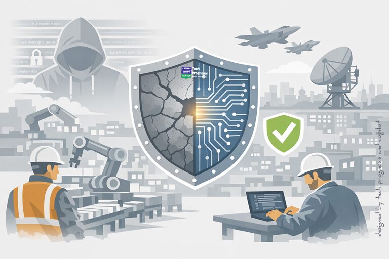 A flat, minimalist illustration showing a manufacturing environment with robotic arms, workers in safety vests, and a central shield symbol split between a cracked surface and a circuit‑board design, representing cyber threats and resilience. Minimalist aircraft, a satellite dish, and a green security checkmark appear in the background.