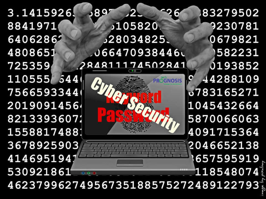 Image of two hands attempting to grab a laptop with the words "Cyber Security" and "Password" on the screen