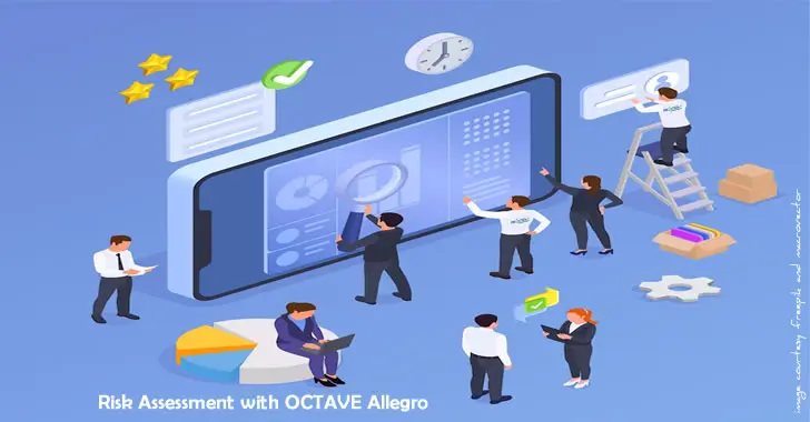Image of people working in a simulated OCTAVE Allegro risk assessment environment showing a man in a dark suit holding a magnifying glass, and a woman working on a laptop.