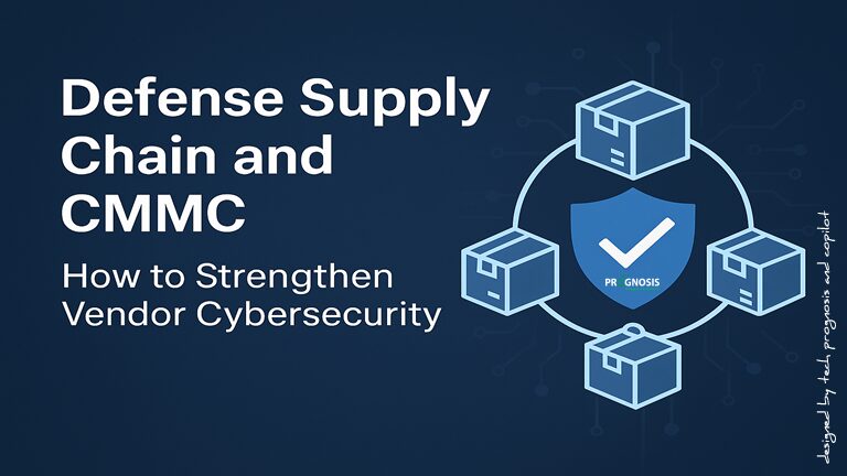 Illustration of secure defense supply chain with shield and interconnected boxes representing vendors