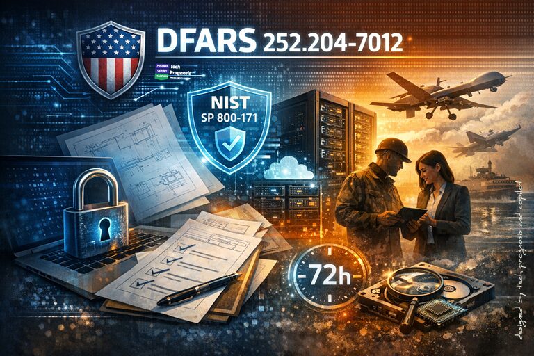 Illustration showing DFARS 252.204 7012 concepts with simple icons: a U.S. shield, a drone and naval vessel, a lock over documents, a NIST SP 800 171 badge, and a 72 hour incident reporting stopwatch.