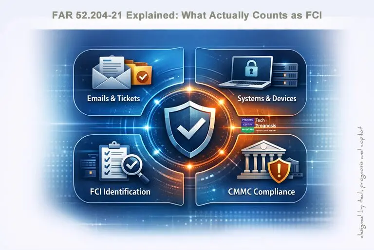 A cybersecurity themed infographic showing four labeled panels—Emails & Tickets, Systems & Devices, FCI Identification, and CMMC Compliance—surrounding a central shield icon representing protection under FAR 52.204 21.