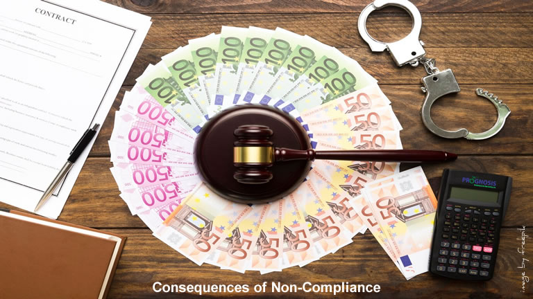 Image of an arrangement with money, gavel, calculator, and contract illustrating the consequences of non-compliance with laws, rules, and regulations.