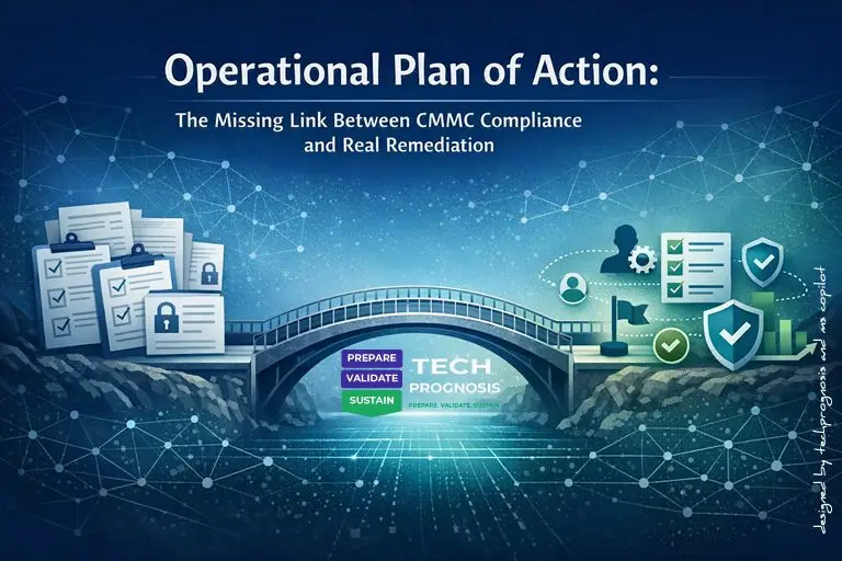 Cybersecurity compliance bridge connecting CMMC documentation to remediation ownership, validation, and risk reduction with the text “Operational Plan of Action”.