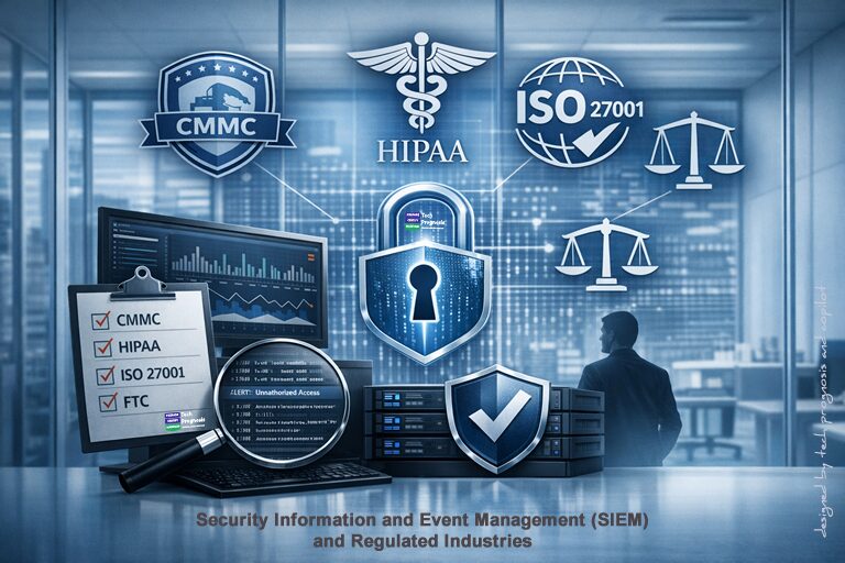 A digital illustration showing cybersecurity, Security Information and Event Management (SIEM) and compliance concepts, including a glowing lock at the center, surrounded by icons for CMMC, HIPAA, ISO 27001, and FTC related compliance, with dashboards, servers, checklists, and security symbols representing monitoring, auditing, and regulatory alignment.