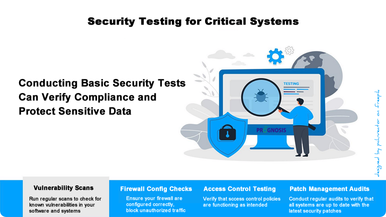 Simulation of security testing for critical systems showing a security shield, and a man in a blue shirt holding a magnifying glass over a software bug.