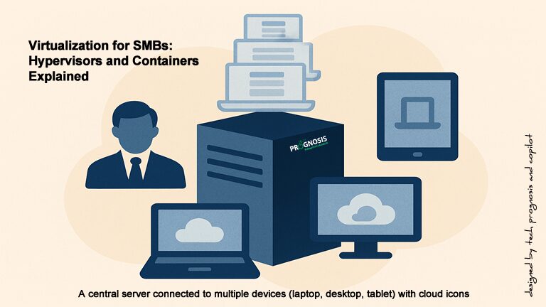 Illustration of a central server connected to multiple devices (laptop, desktop, tablet) with cloud icons, symbolizing virtualization and hybrid cloud integration for small businesses.