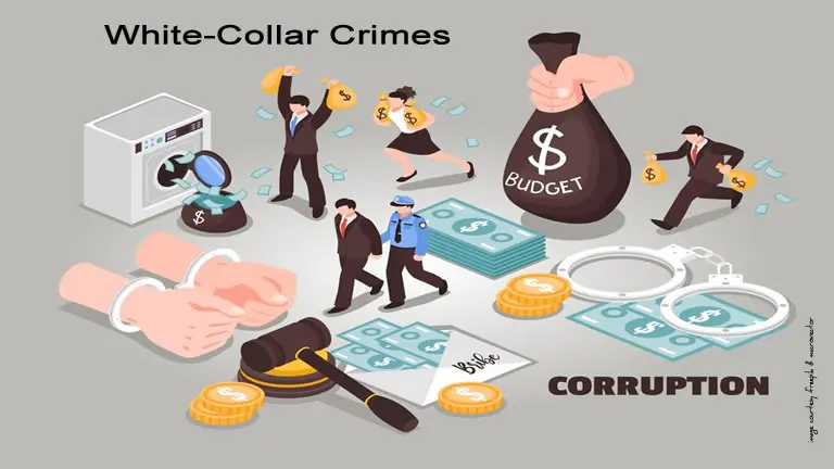Image of handcuffs, a gavel and icons symbolizing money laundering, bribery, embezzlement, and the words "White-Collar Crimes" and "Corruption" written on a gray background.