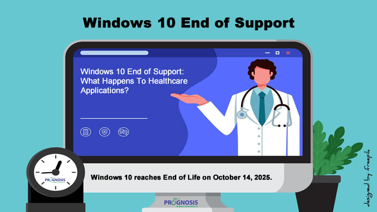 A computer desktop monitor showing an image of a doctor with a stethoscope around his neck gesturing toward a text on the screen asking the question: "Windows 10 End of Support: What Happens to Healthcare Applications”